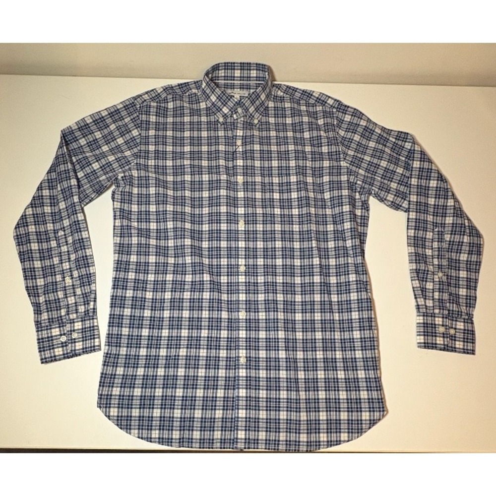 Peter Millar NWT Linen Blend Button Down Plaid Shirt | Blue/White | Medium